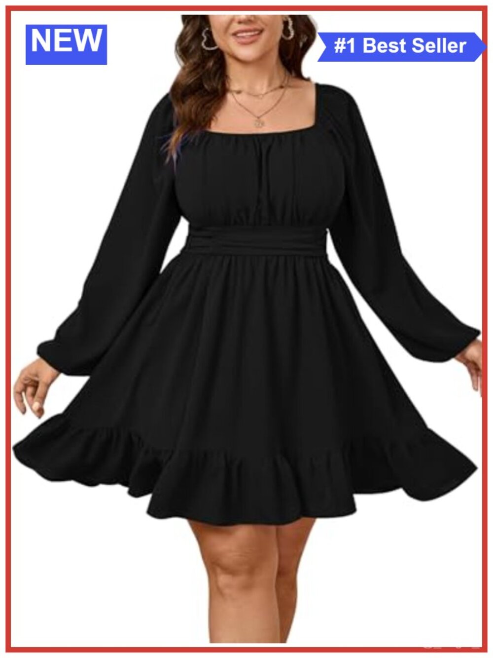 Plus Size Mini Dress Long Lantern Sleeve Smocked Waist Ruffle Hem